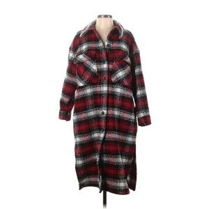ZARA Red Black Long Plaid Wool Blend Shacket Overshirt - S